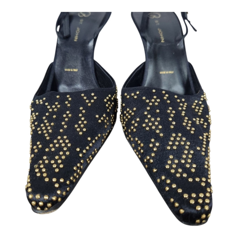ST. JOHN Black and Gold Stud Slingback Heels (9) - Picture 6 of 7